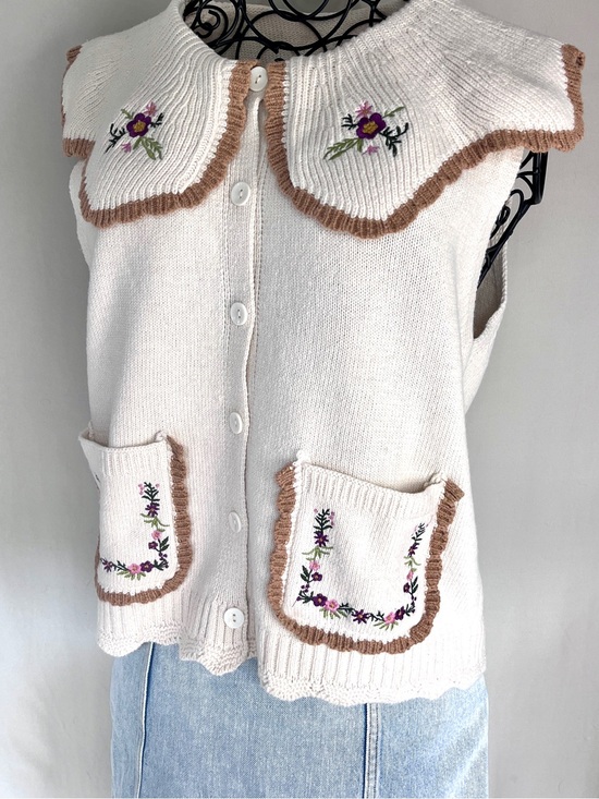 unbranded Sweaters - Cottagecore Embroidered Cotton Sweater Vest Floral Oversized Collar